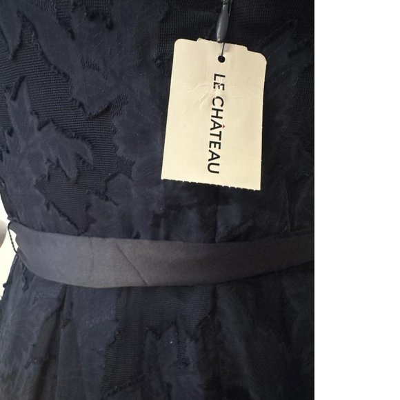 NEW Le Chateau flocked burnout Chiffon mesh lace Navy blue asymmetrical Maxi NWT - Picture 4 of 4